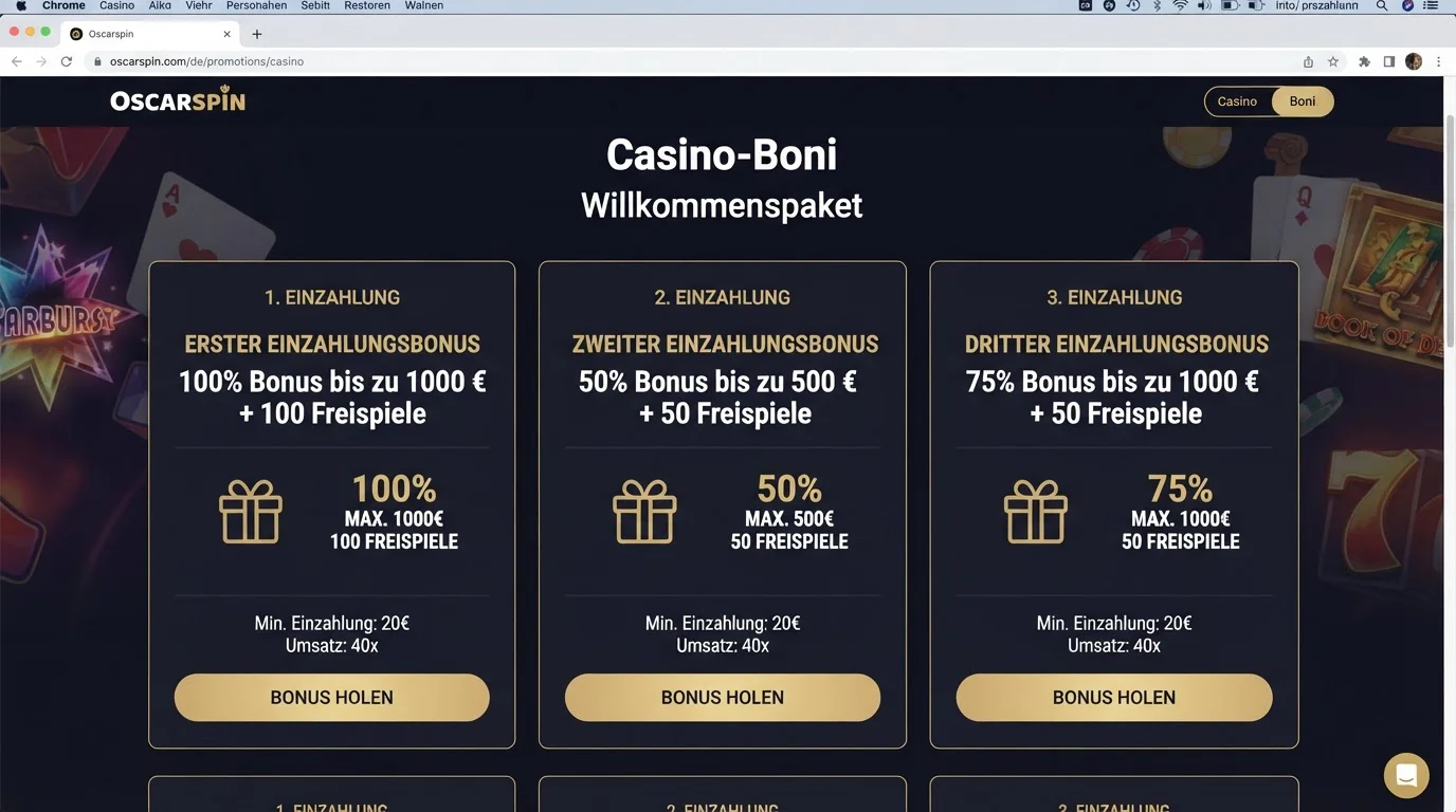 Oscarspin Bonus 2026: Willkommenspaket und Bedingungen