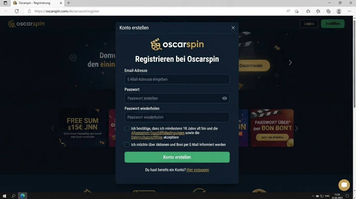 Oscarspin Registrierung: Konto erstellen und anmelden