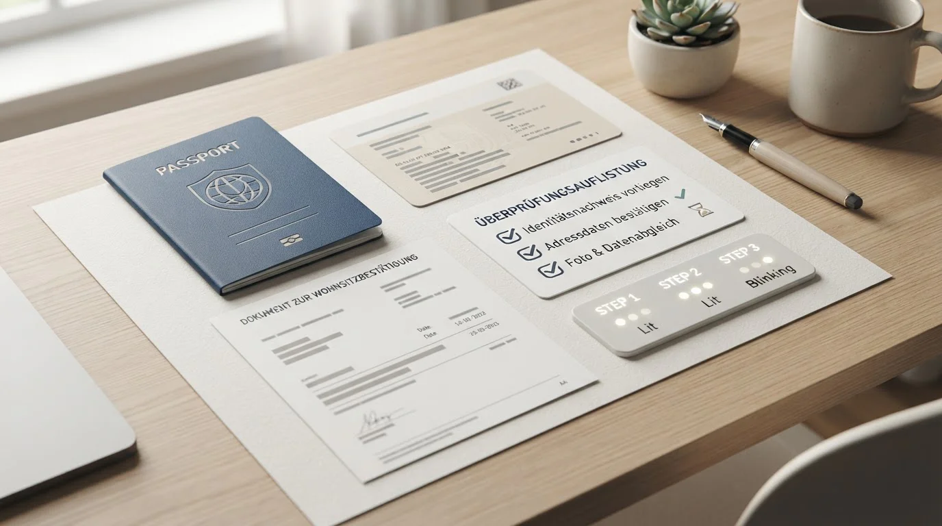 Illustration einer KYC-Checkliste mit Ausweis und Adressnachweis