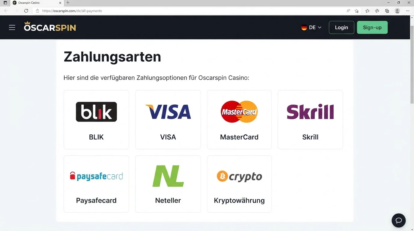 Oscarspin Zahlungsmethoden: Einzahlen und Auszahlen in Euro