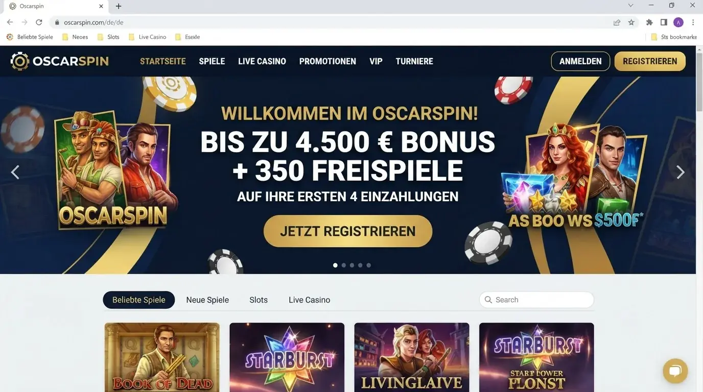 Deutsche Oscarspin Startseite mit Navigation und aktuellem Willkommensangebot